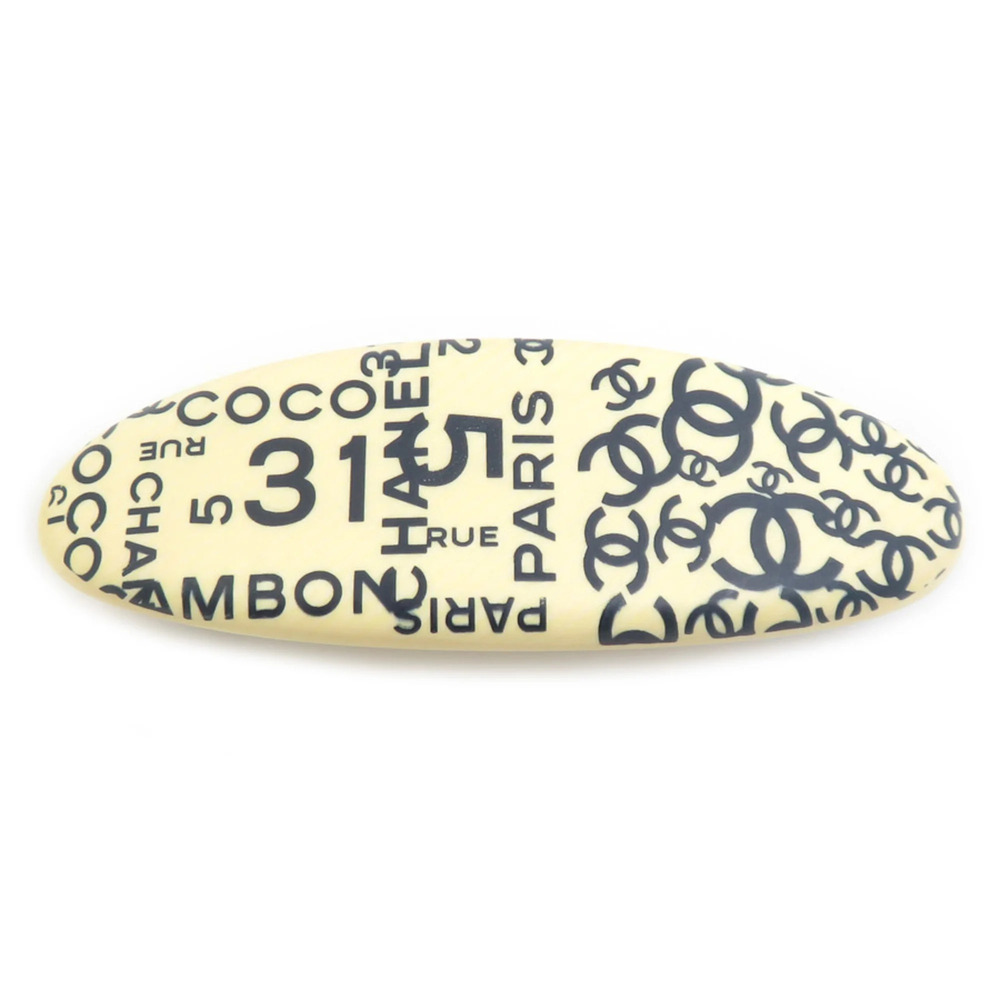 Chanel CHANEL Barrette Coco Mark Wood Metal Beige Navy Silver Women's e61968i